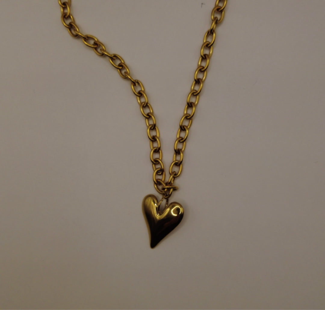 Chunky Stainless Steel Ketting – Goudkleurig met Hart Hanger