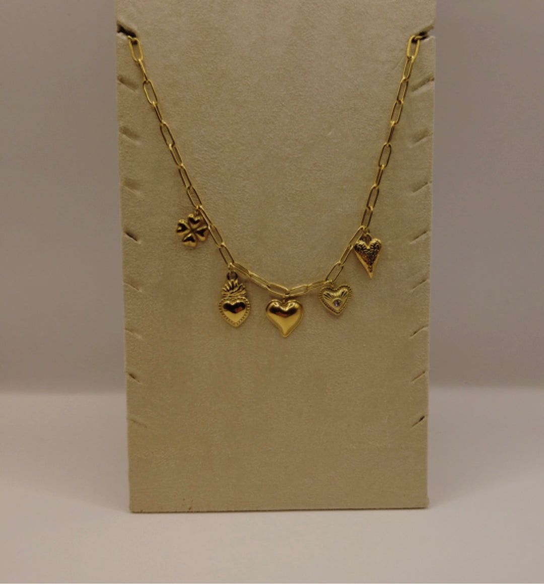 Stainless Steel Bedelketting – Goudkleurig met Hartjes & Klavertje Vier
