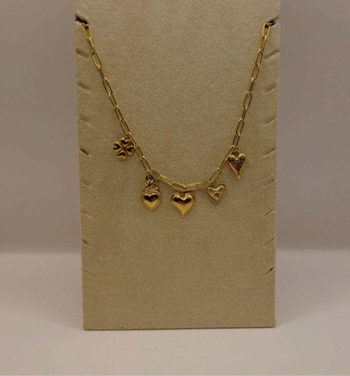 Stainless Steel Bedelketting – Goudkleurig met Hartjes & Klavertje Vier