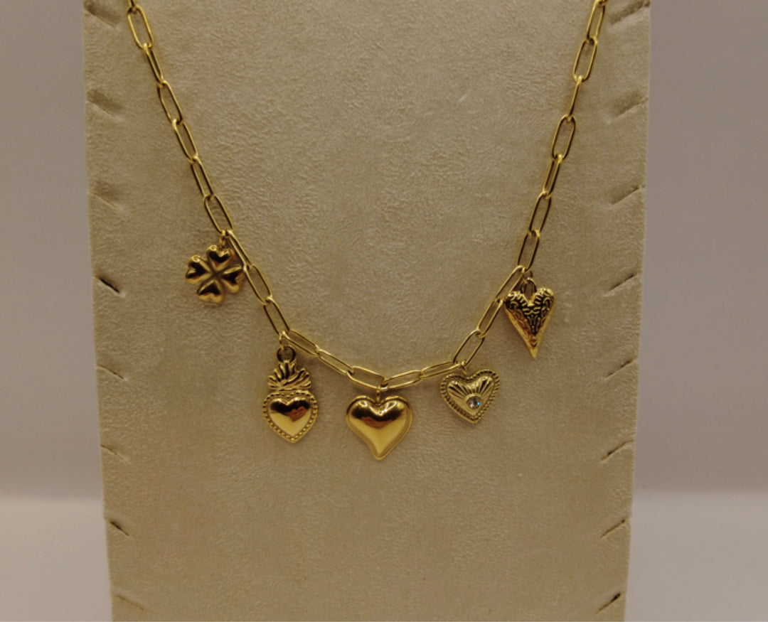 Stainless Steel Bedelketting – Goudkleurig met Hartjes & Klavertje Vier