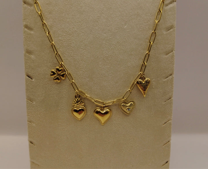 Stainless Steel Bedelketting – Goudkleurig met Hartjes & Klavertje Vier
