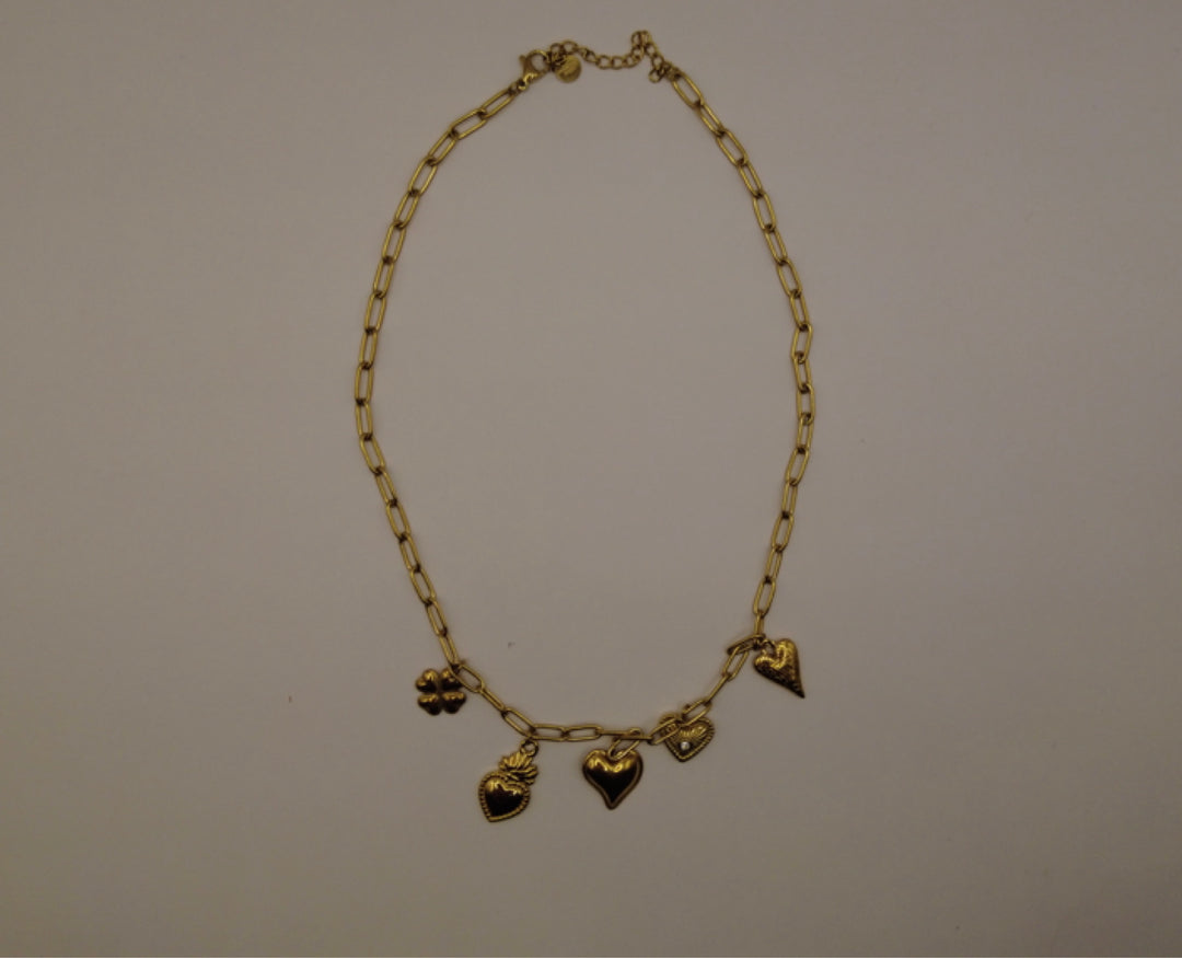 Stainless Steel Bedelketting – Goudkleurig met Hartjes & Klavertje Vier