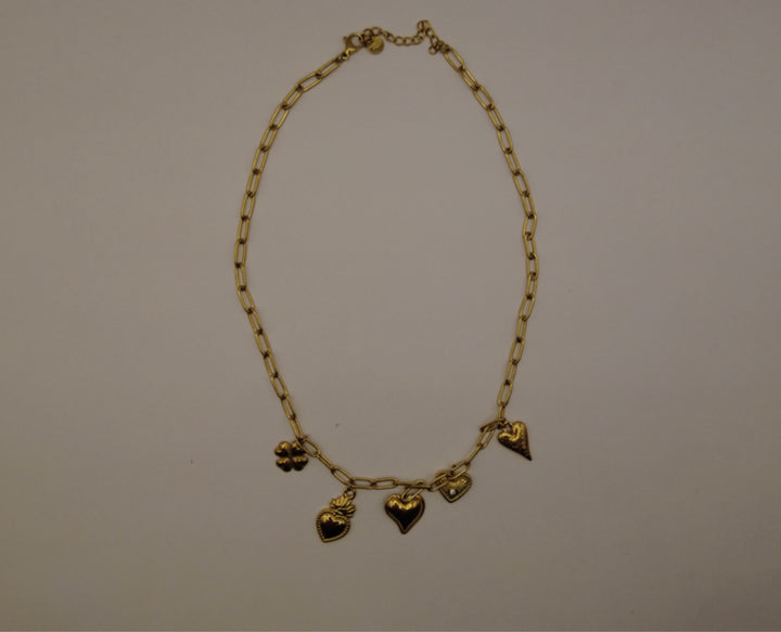 Stainless Steel Bedelketting – Goudkleurig met Hartjes & Klavertje Vier