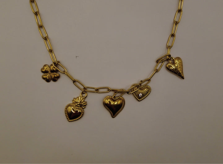 Stainless Steel Bedelketting – Goudkleurig met Hartjes & Klavertje Vier