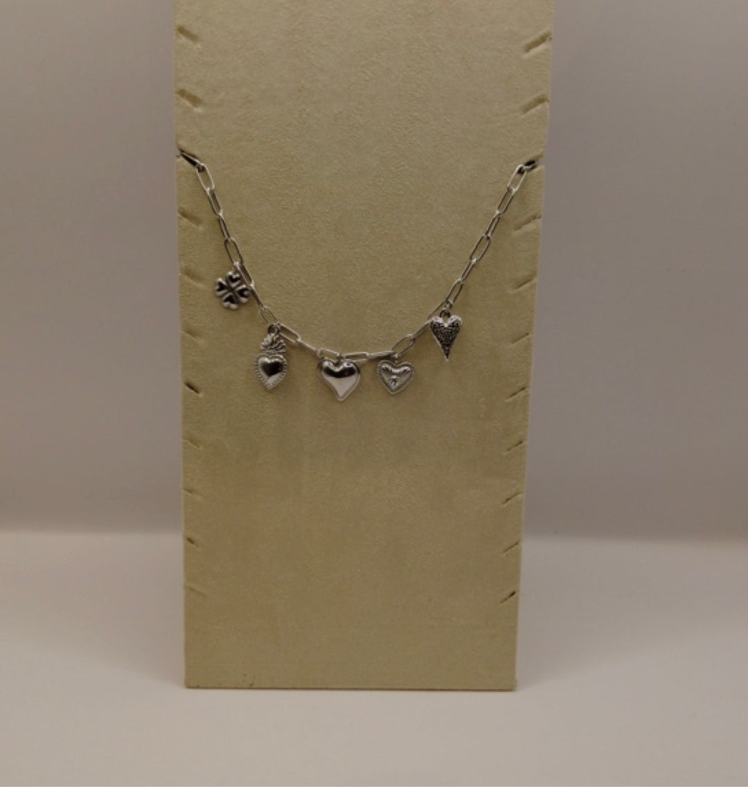 Stainless Steel Bedelketting – Zilverkleurig met Hartjes & Klavertje Vier