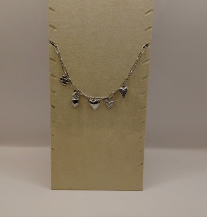 Stainless Steel Bedelketting – Zilverkleurig met Hartjes & Klavertje Vier