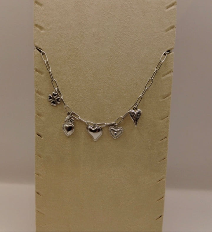 Stainless Steel Bedelketting – Zilverkleurig met Hartjes & Klavertje Vier