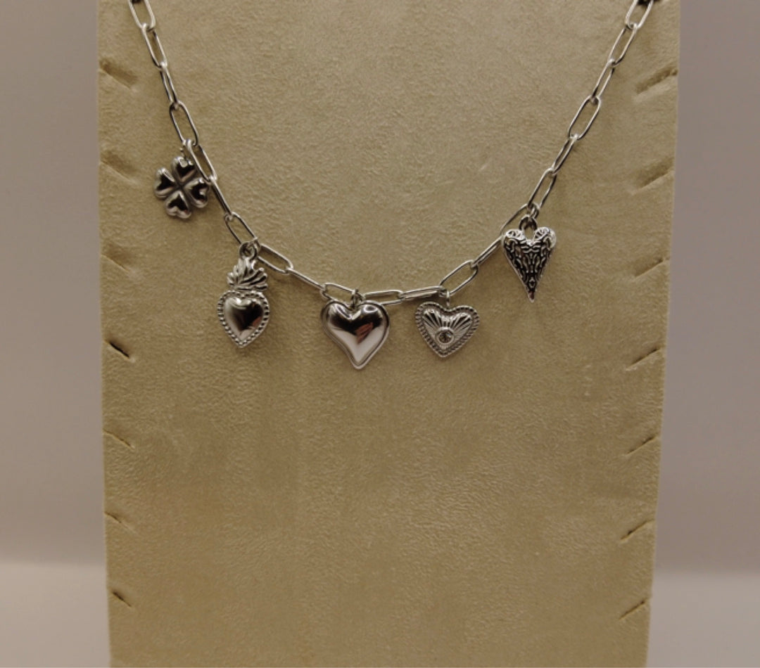 Stainless Steel Bedelketting – Zilverkleurig met Hartjes & Klavertje Vier