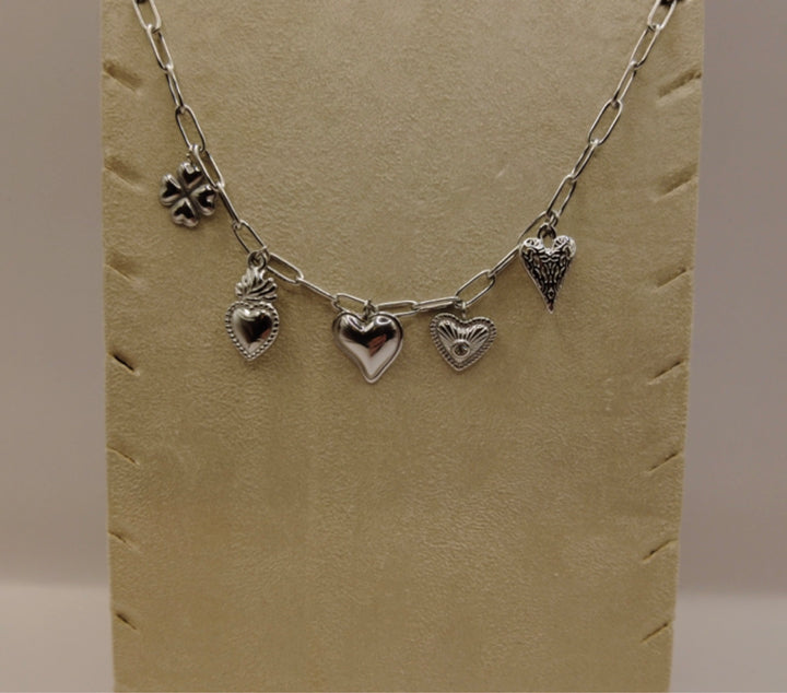 Stainless Steel Bedelketting – Zilverkleurig met Hartjes & Klavertje Vier
