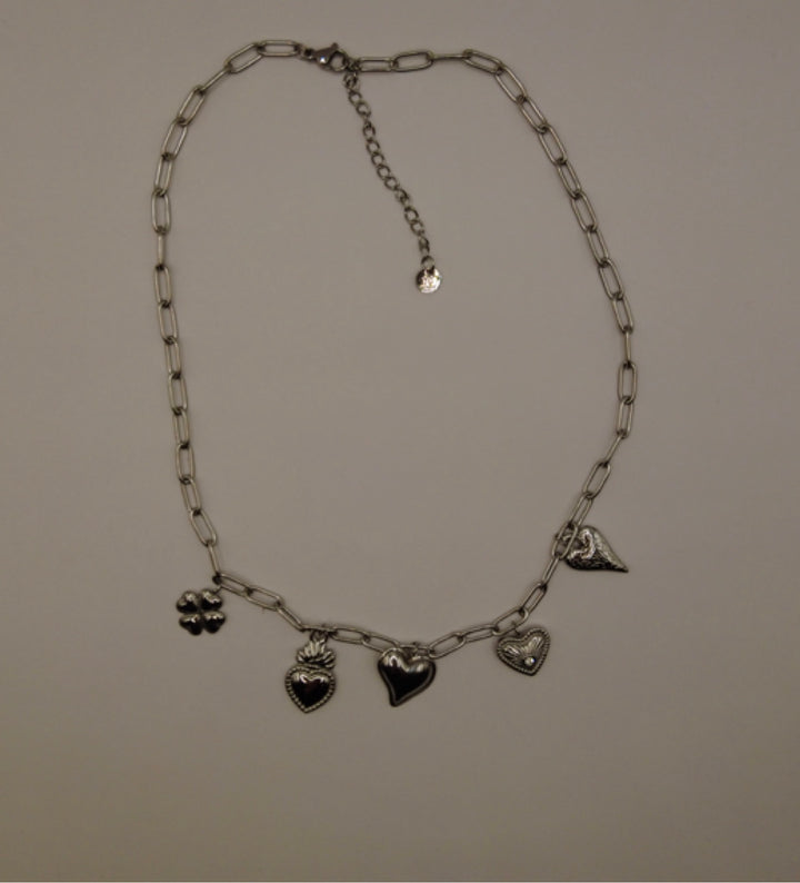 Stainless Steel Bedelketting – Zilverkleurig met Hartjes & Klavertje Vier