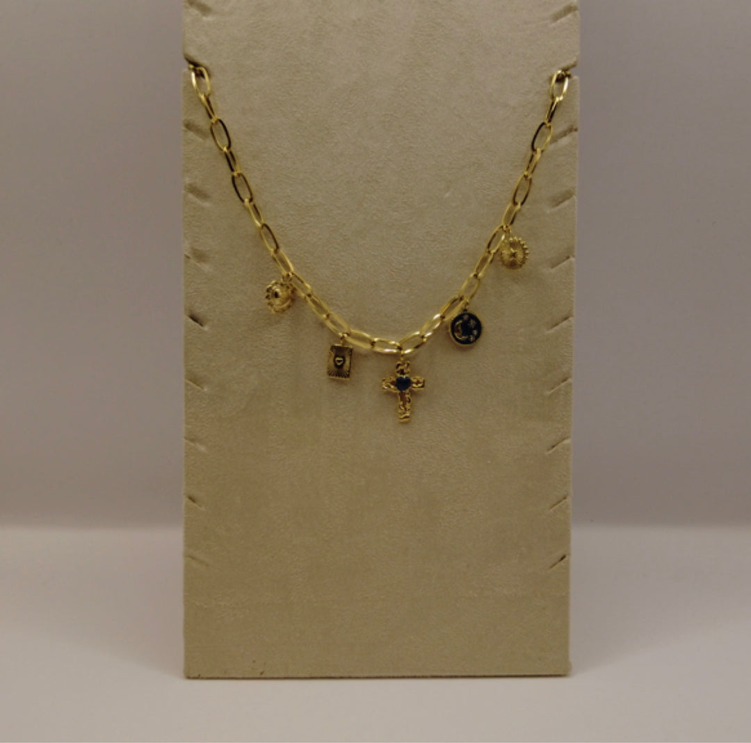 Stainless Steel Bedelketting – Goudkleurig met Hart, Kruis & Zon