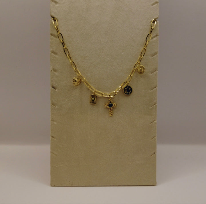 Stainless Steel Bedelketting – Goudkleurig met Hart, Kruis & Zon