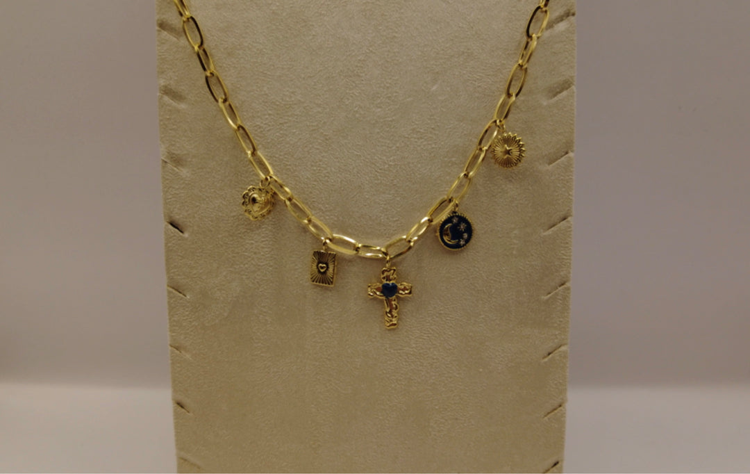 Stainless Steel Bedelketting – Goudkleurig met Hart, Kruis & Zon