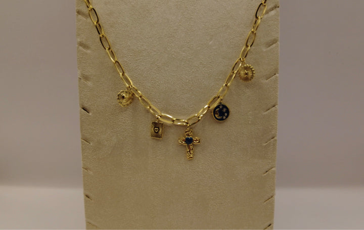 Stainless Steel Bedelketting – Goudkleurig met Hart, Kruis & Zon