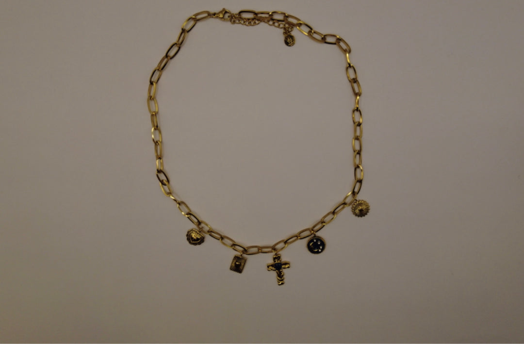 Stainless Steel Bedelketting – Goudkleurig met Hart, Kruis & Zon