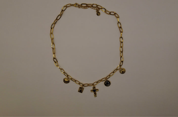 Stainless Steel Bedelketting – Goudkleurig met Hart, Kruis & Zon
