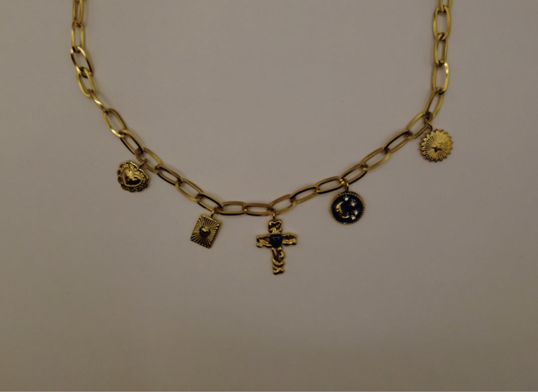 Stainless Steel Bedelketting – Goudkleurig met Hart, Kruis & Zon