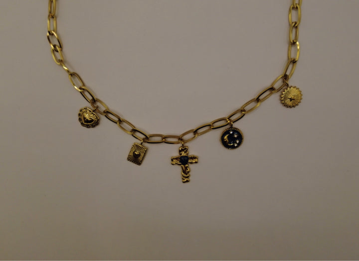 Stainless Steel Bedelketting – Goudkleurig met Hart, Kruis & Zon