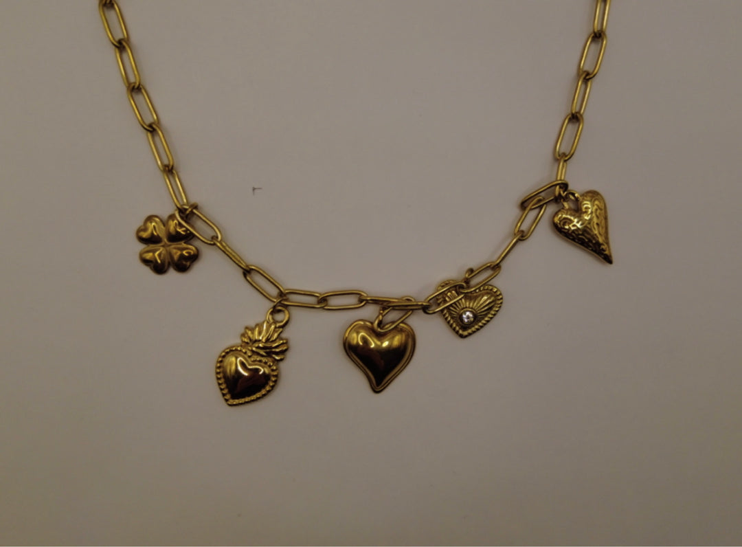 Stainless Steel Bedelketting – Goudkleurig met Hartjes & Klavertje Vier